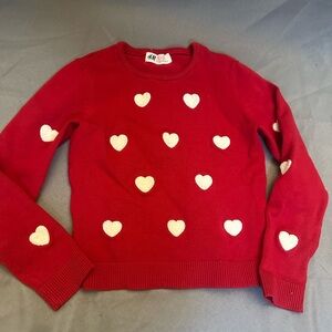 H&M Red and White Crew Neck Sweater with Heart Patterns